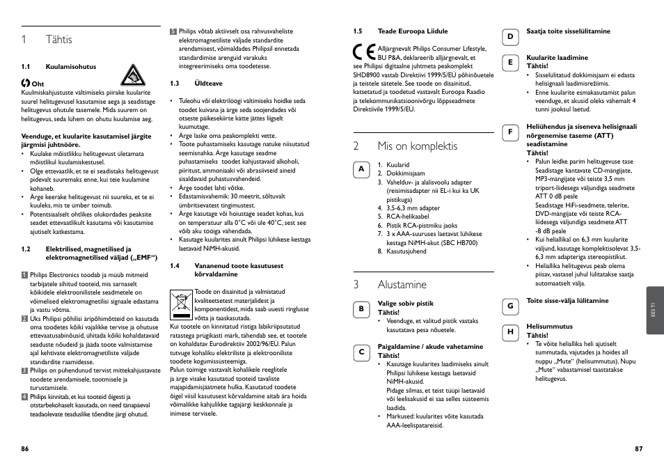 1 tähtis, 2 mis on komplektis, 3 alustamine | Philips Auriculares digitales inalámbricos User Manual | Page 45 / 50