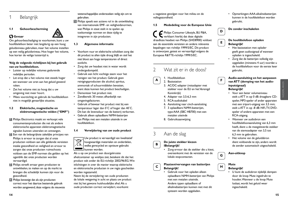 1 belangrijk, 2 wat zit er in de doos, 3 aan de slag | Philips Auriculares digitales inalámbricos User Manual | Page 9 / 50