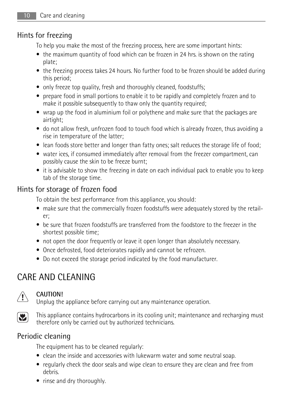 Care and cleaning, Hints for freezing, Hints for storage of frozen food | Periodic cleaning | AEG A81000TNX0 User Manual | Page 10 / 20