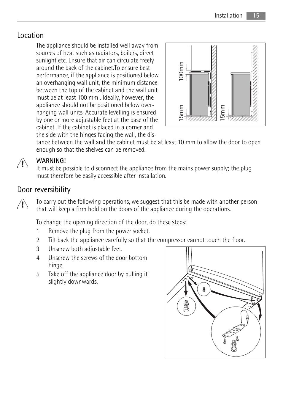 Location, Door reversibility | AEG A81000TNX0 User Manual | Page 15 / 20
