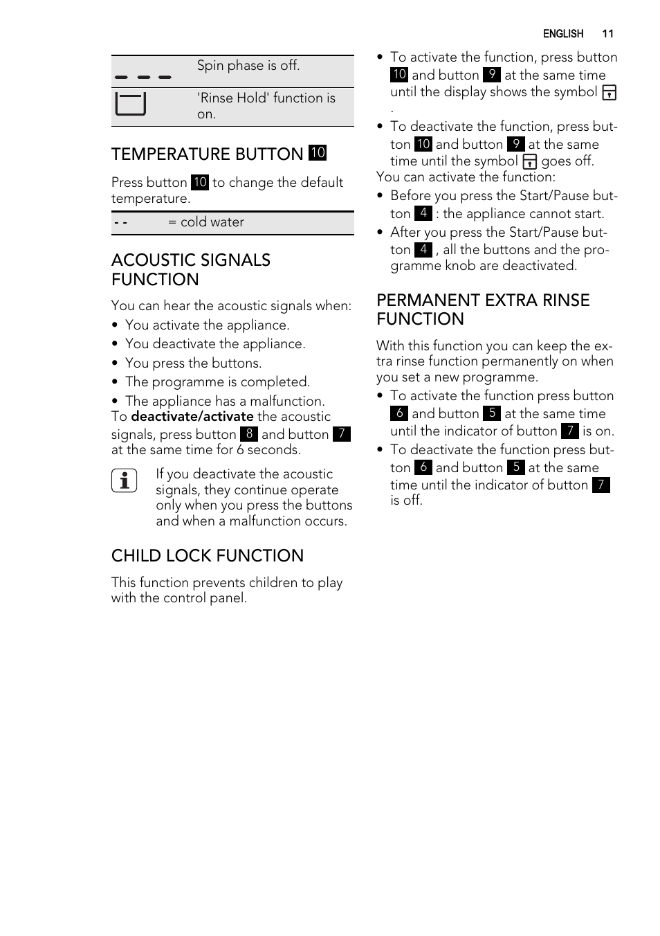 Temperature button, Acoustic signals function, Child lock function | Permanent extra rinse function | AEG L 71060 SL User Manual | Page 11 / 36