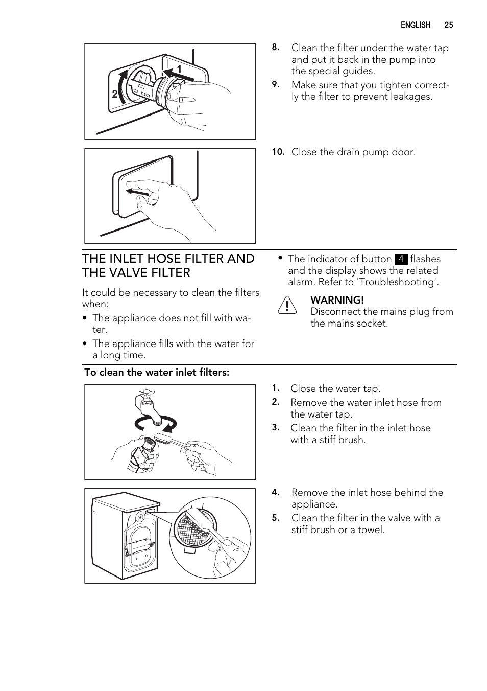 The inlet hose filter and the valve filter | AEG L 71060 SL User Manual | Page 25 / 36
