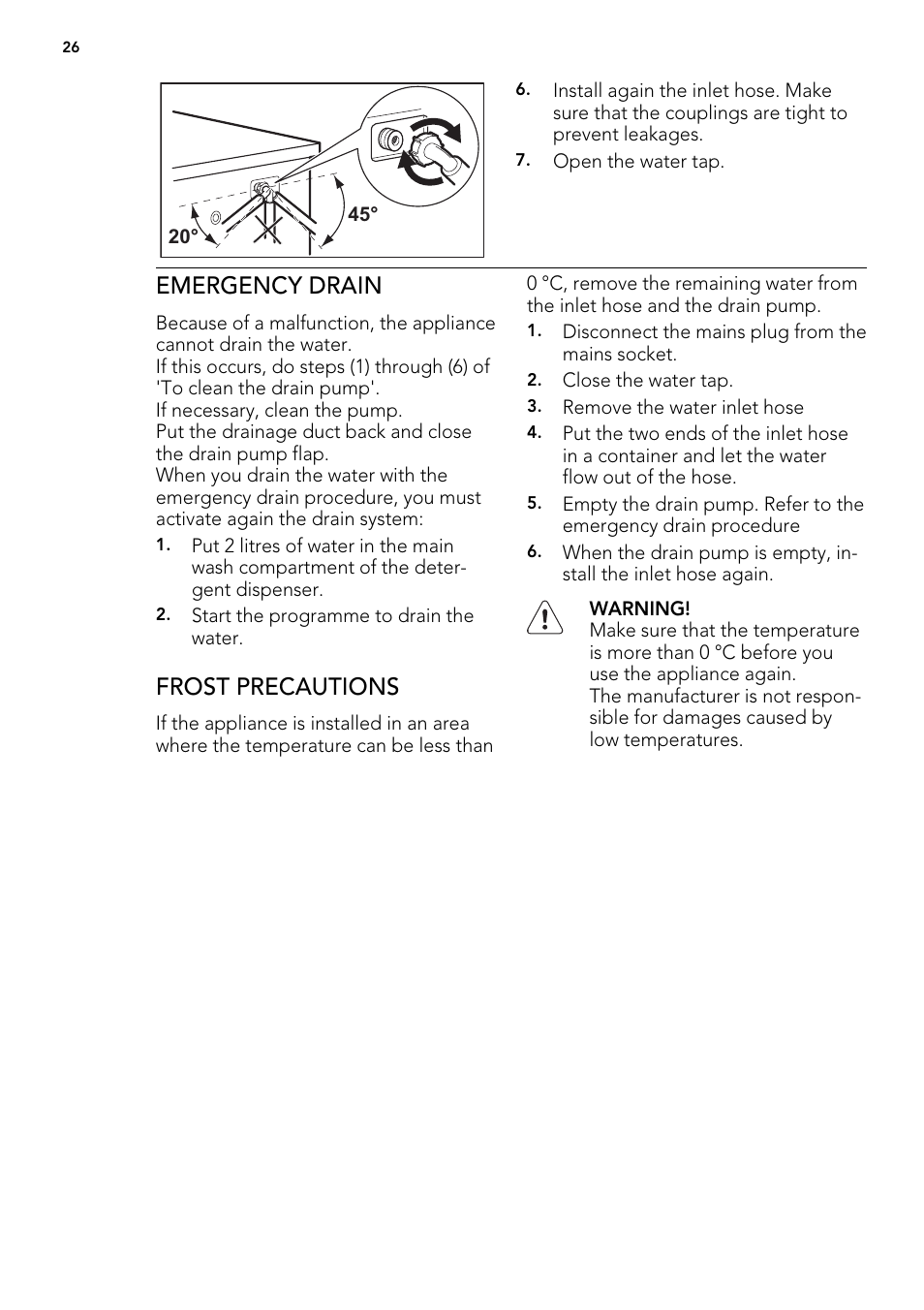 Emergency drain, Frost precautions | AEG L 71060 SL User Manual | Page 26 / 36