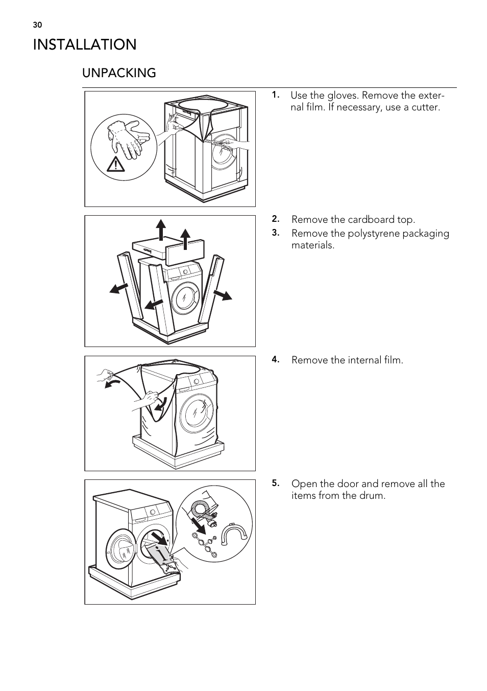 Installation, Unpacking | AEG L 71060 SL User Manual | Page 30 / 36