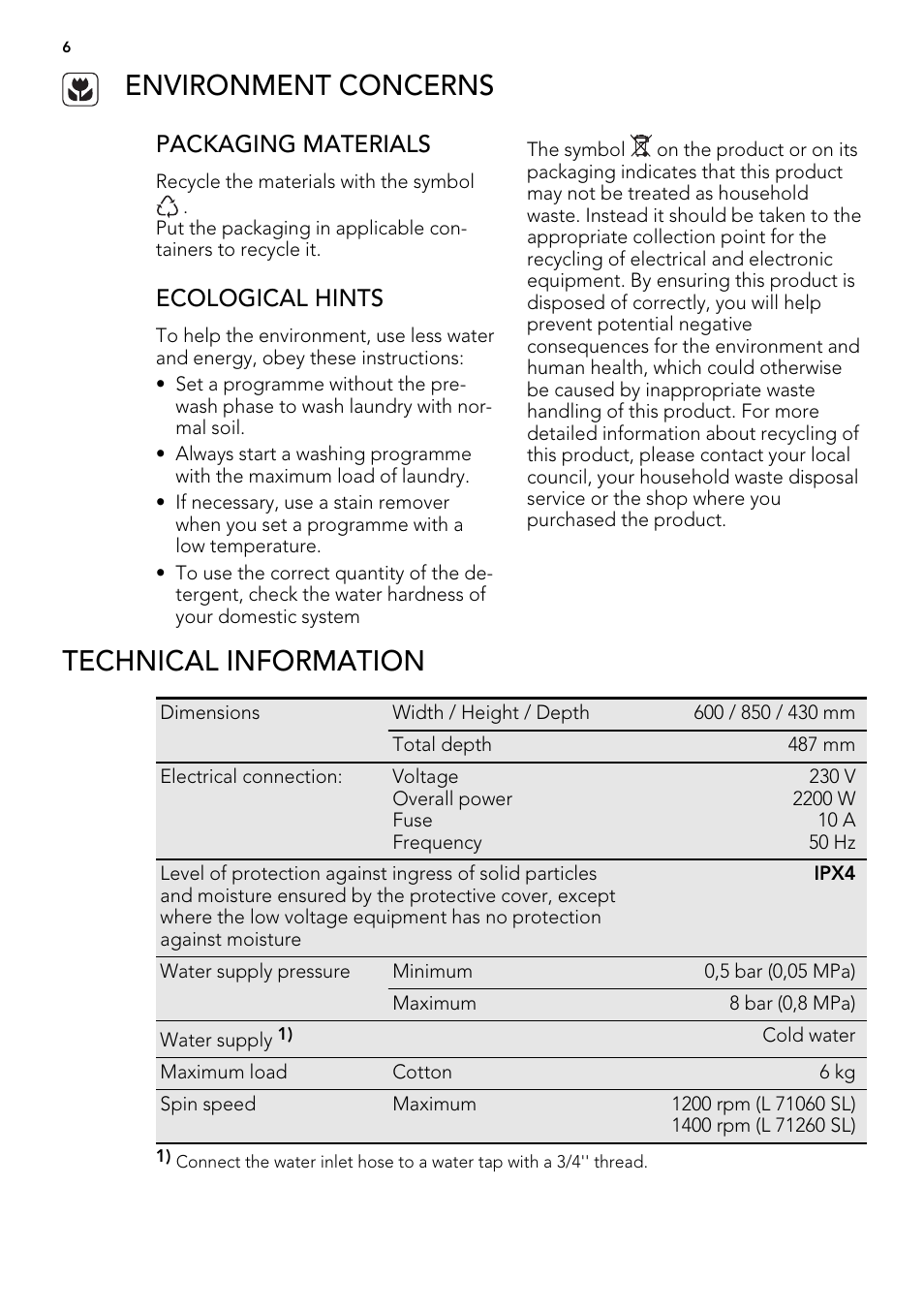 Environment concerns, Technical information, Packaging materials | Ecological hints | AEG L 71060 SL User Manual | Page 6 / 36