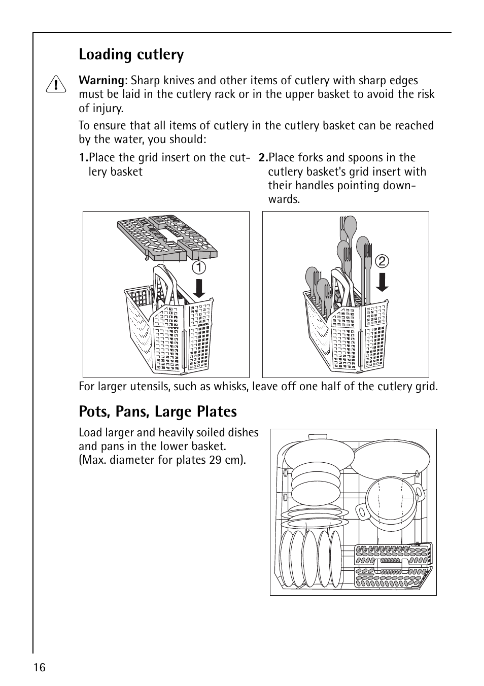 Loading cutlery, Pots, pans, large plates | AEG FAVORIT 44080 I User Manual | Page 16 / 48