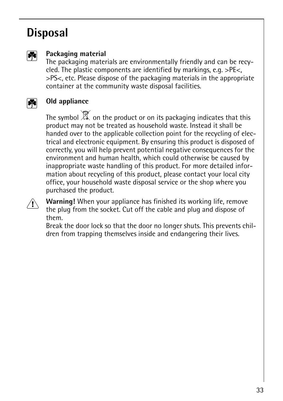 Disposal 2 | AEG FAVORIT 44080 I User Manual | Page 33 / 48