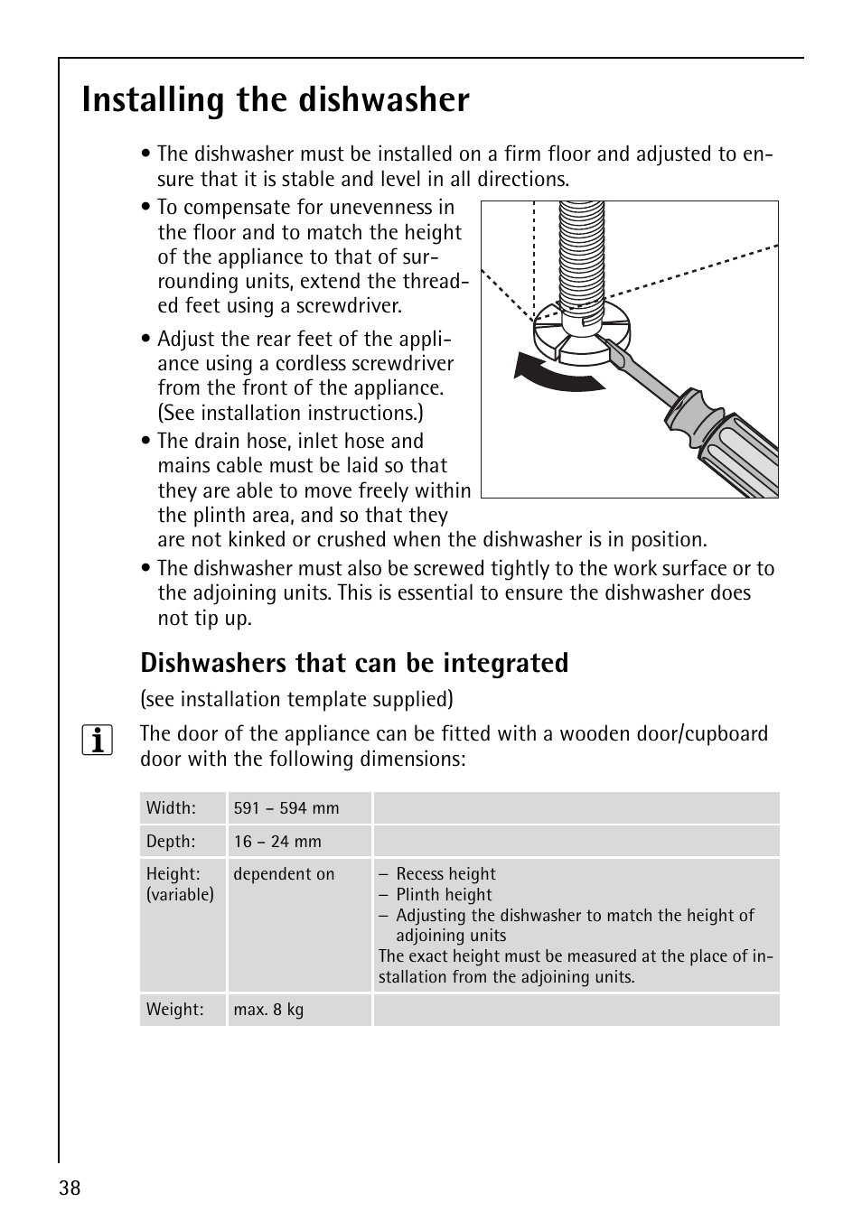Installing the dishwasher, Dishwashers that can be integrated | AEG FAVORIT 44080 I User Manual | Page 38 / 48