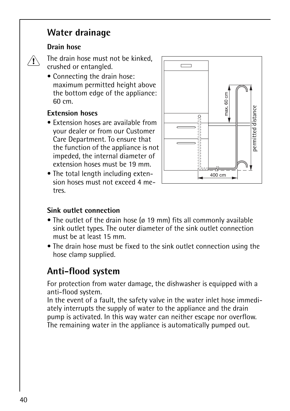 Water drainage, Anti-flood system | AEG FAVORIT 44080 I User Manual | Page 40 / 48