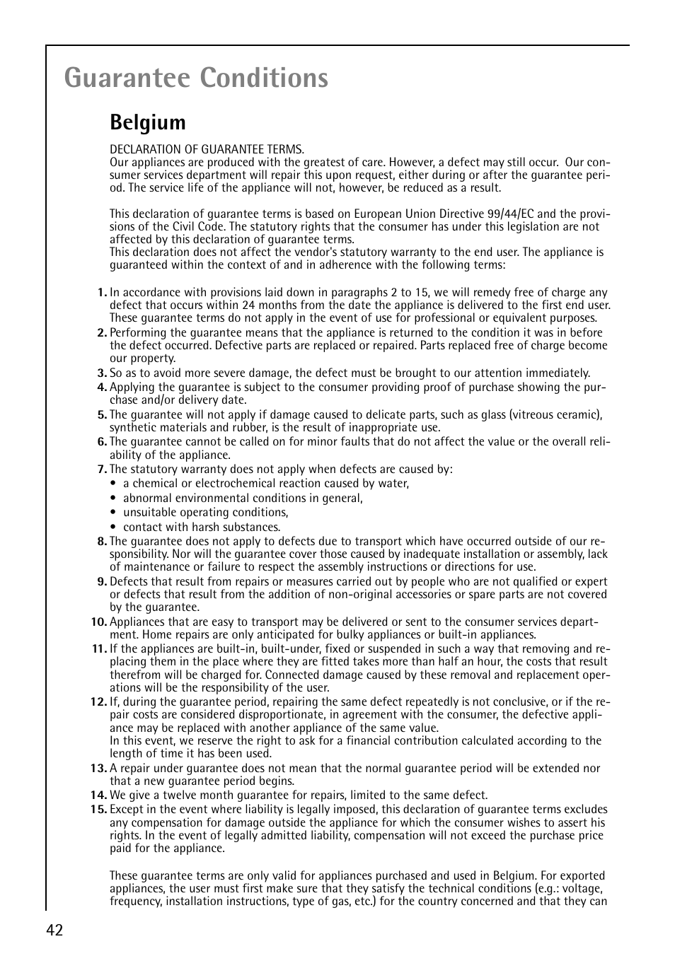 Guarantee conditions, Belgium | AEG FAVORIT 44080 I User Manual | Page 42 / 48