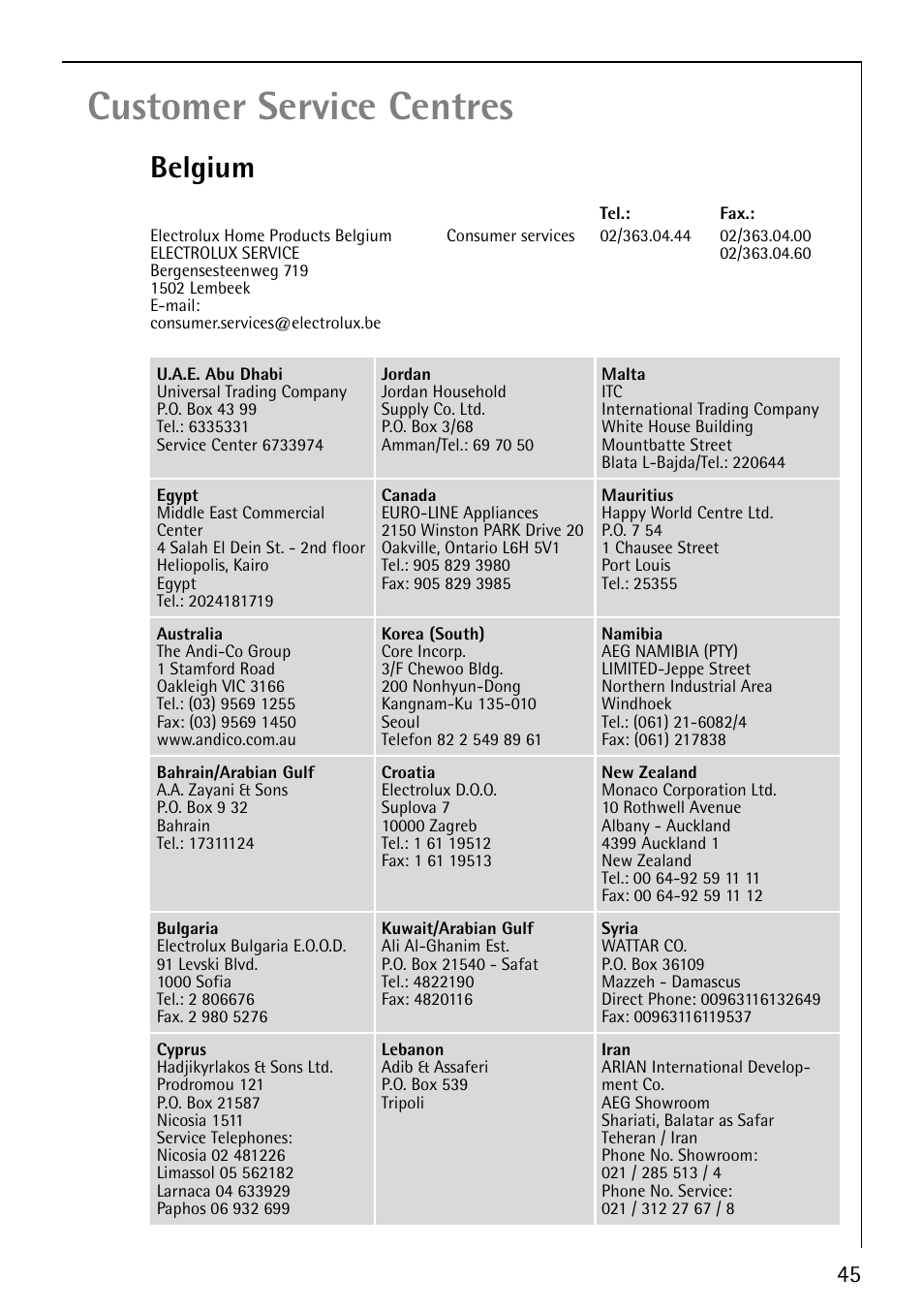 Customer service centres, Belgium | AEG FAVORIT 44080 I User Manual | Page 45 / 48