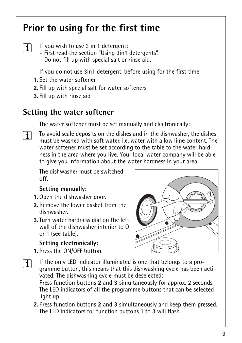 Prior to using for the first time 3, Setting the water softener | AEG FAVORIT 44080 I User Manual | Page 9 / 48