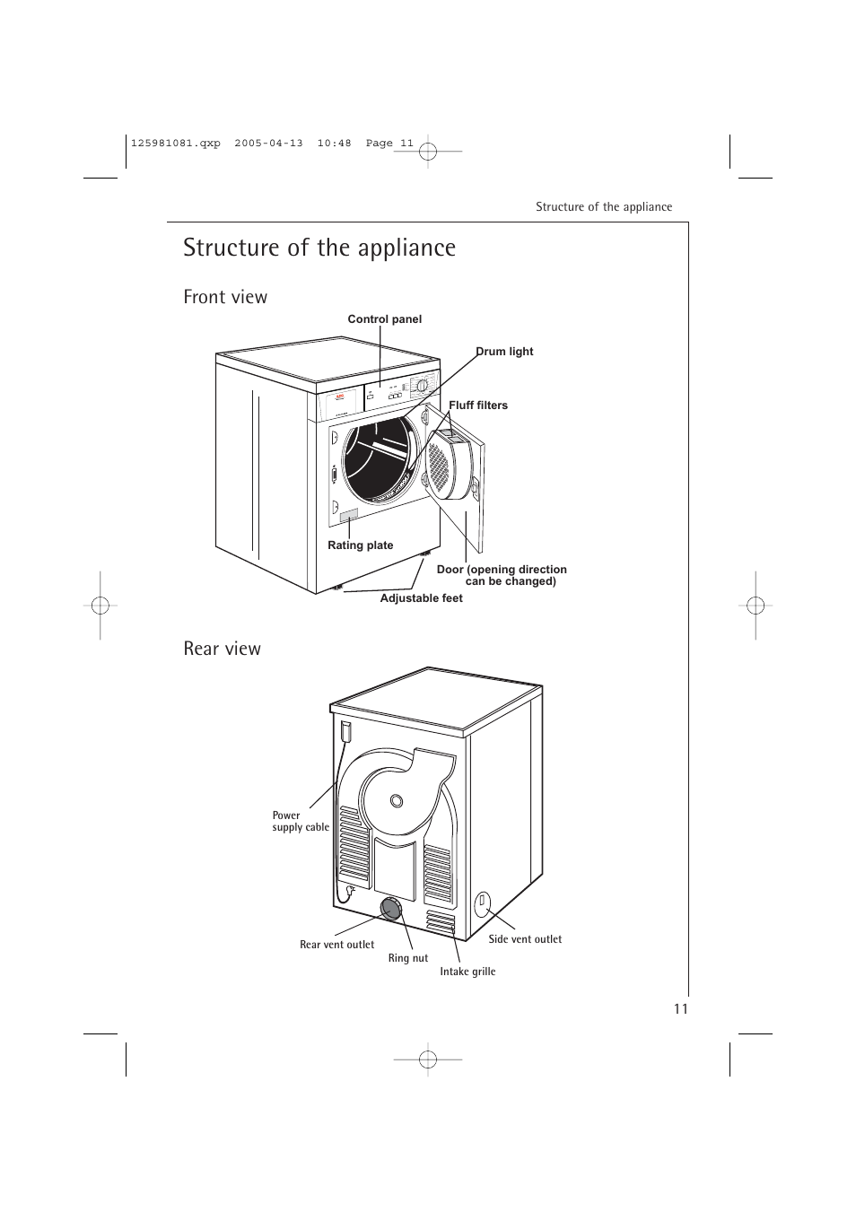 Structure of the appliance, Front view rear view | AEG LAVATHERM T37400 User Manual | Page 11 / 28