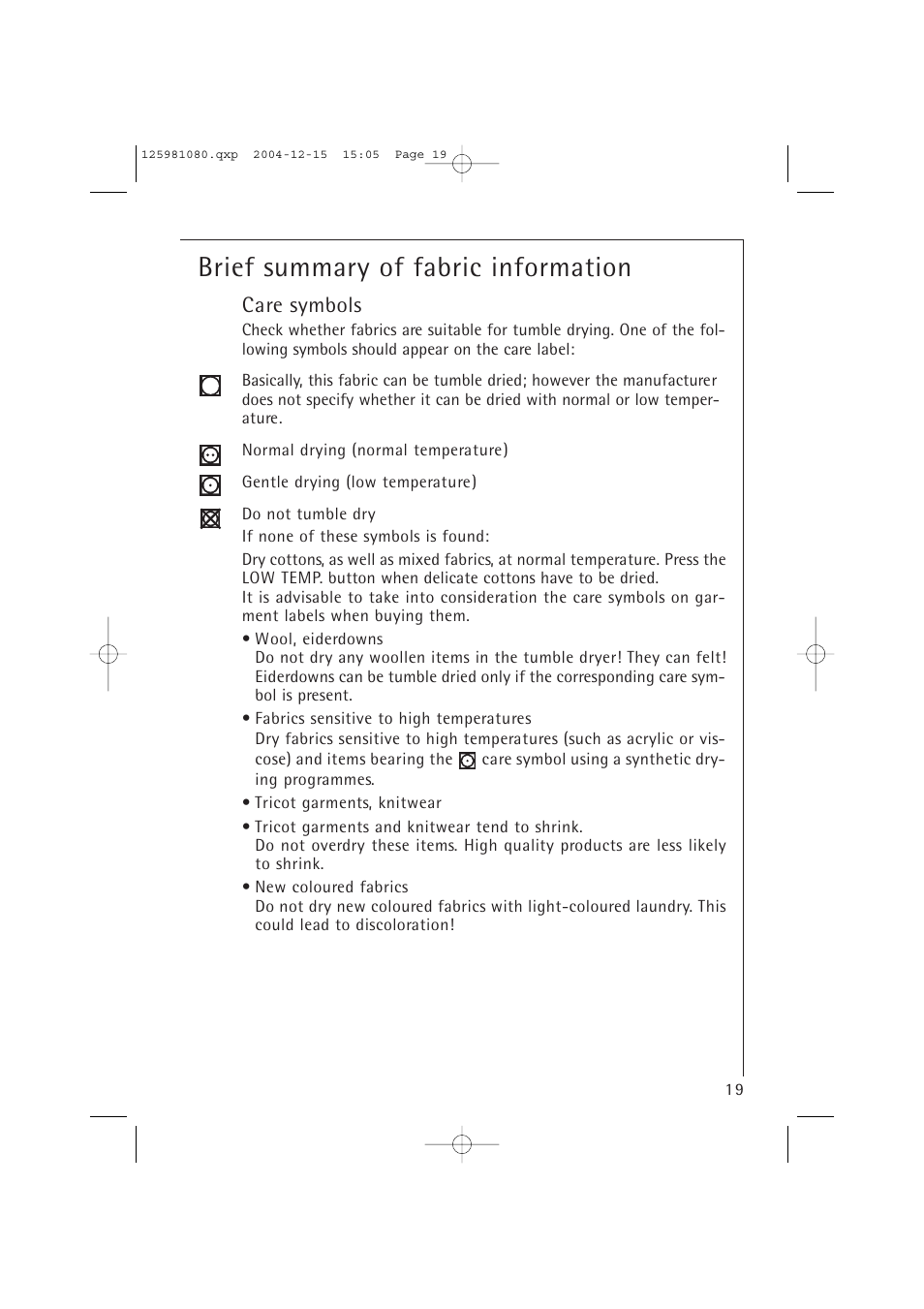 Brief summary of fabric information, Care symbols | AEG LAVATHERM T37400 User Manual | Page 19 / 28