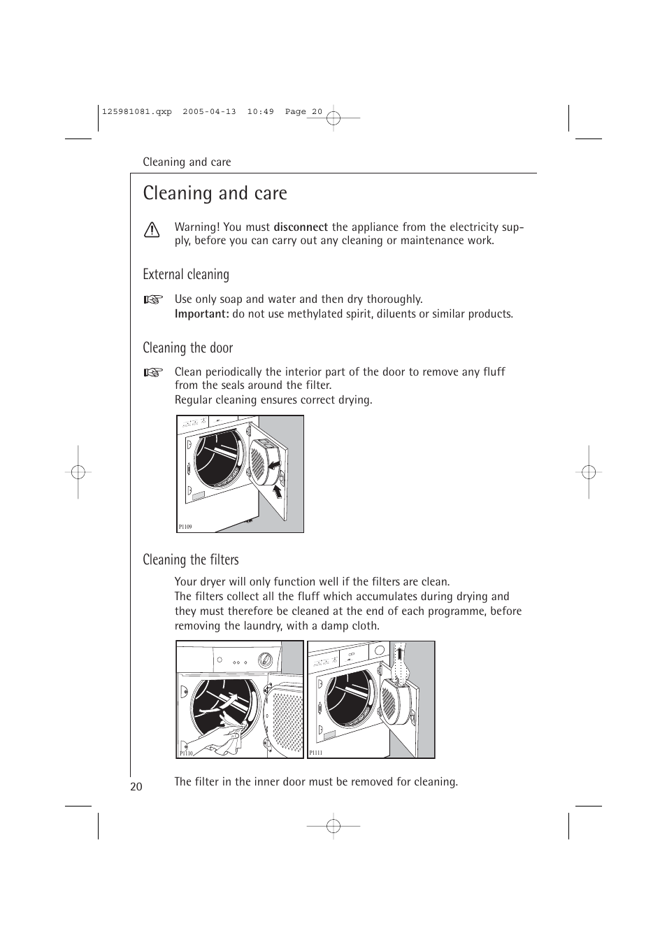 Cleaning and care, External cleaning, Cleaning the door | Cleaning the filters | AEG LAVATHERM T37400 User Manual | Page 20 / 28