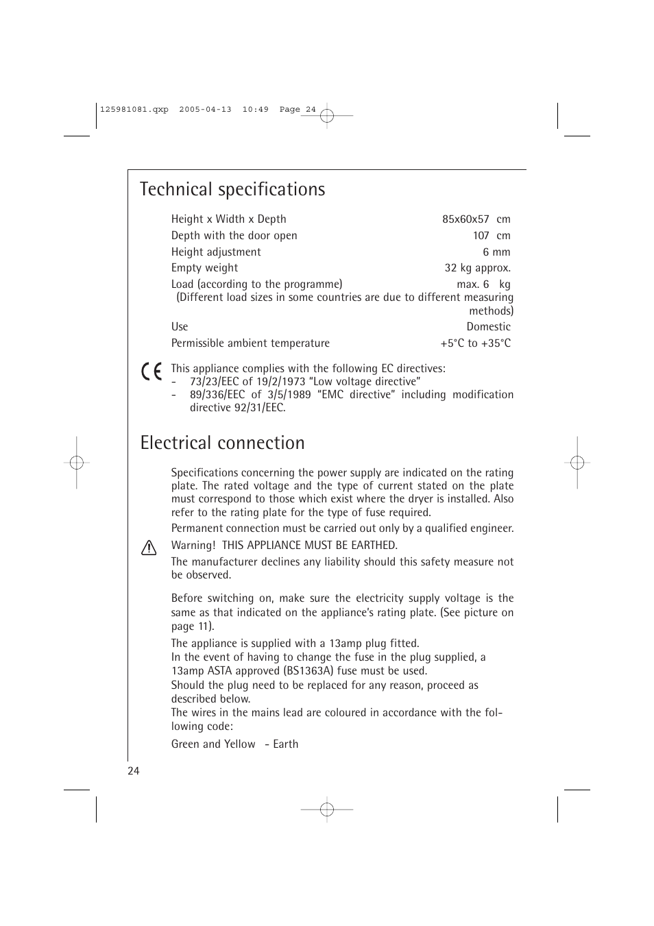 Technical specifications, Electrical connection | AEG LAVATHERM T37400 User Manual | Page 24 / 28