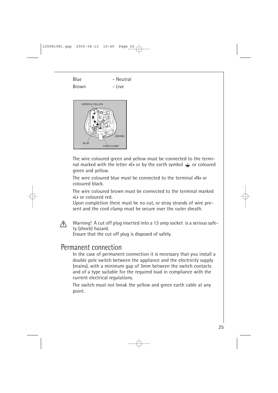 Permanent connection | AEG LAVATHERM T37400 User Manual | Page 25 / 28