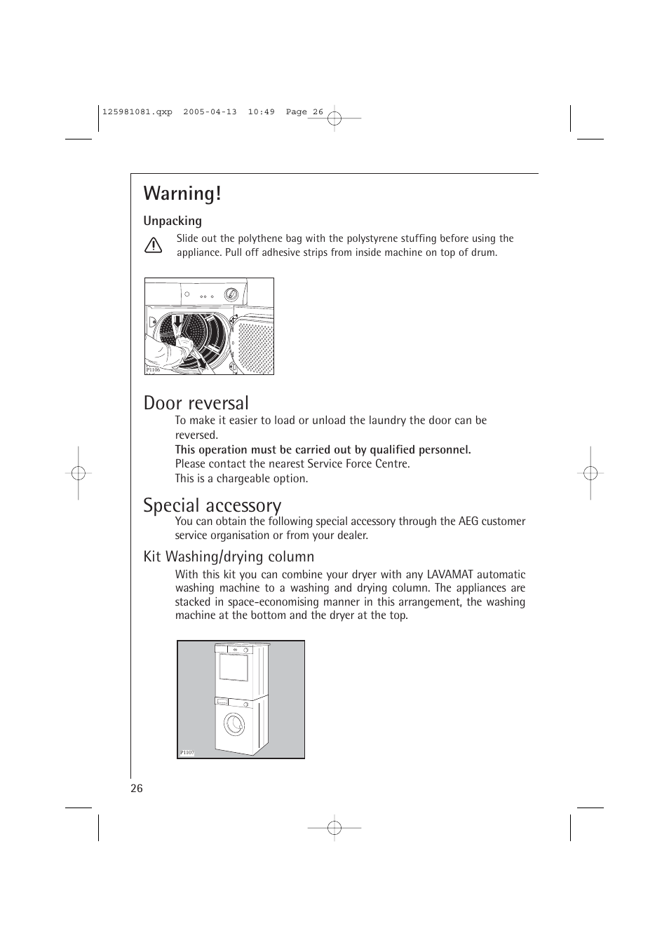 Warning, Door reversal, Special accessory | Kit washing/drying column | AEG LAVATHERM T37400 User Manual | Page 26 / 28