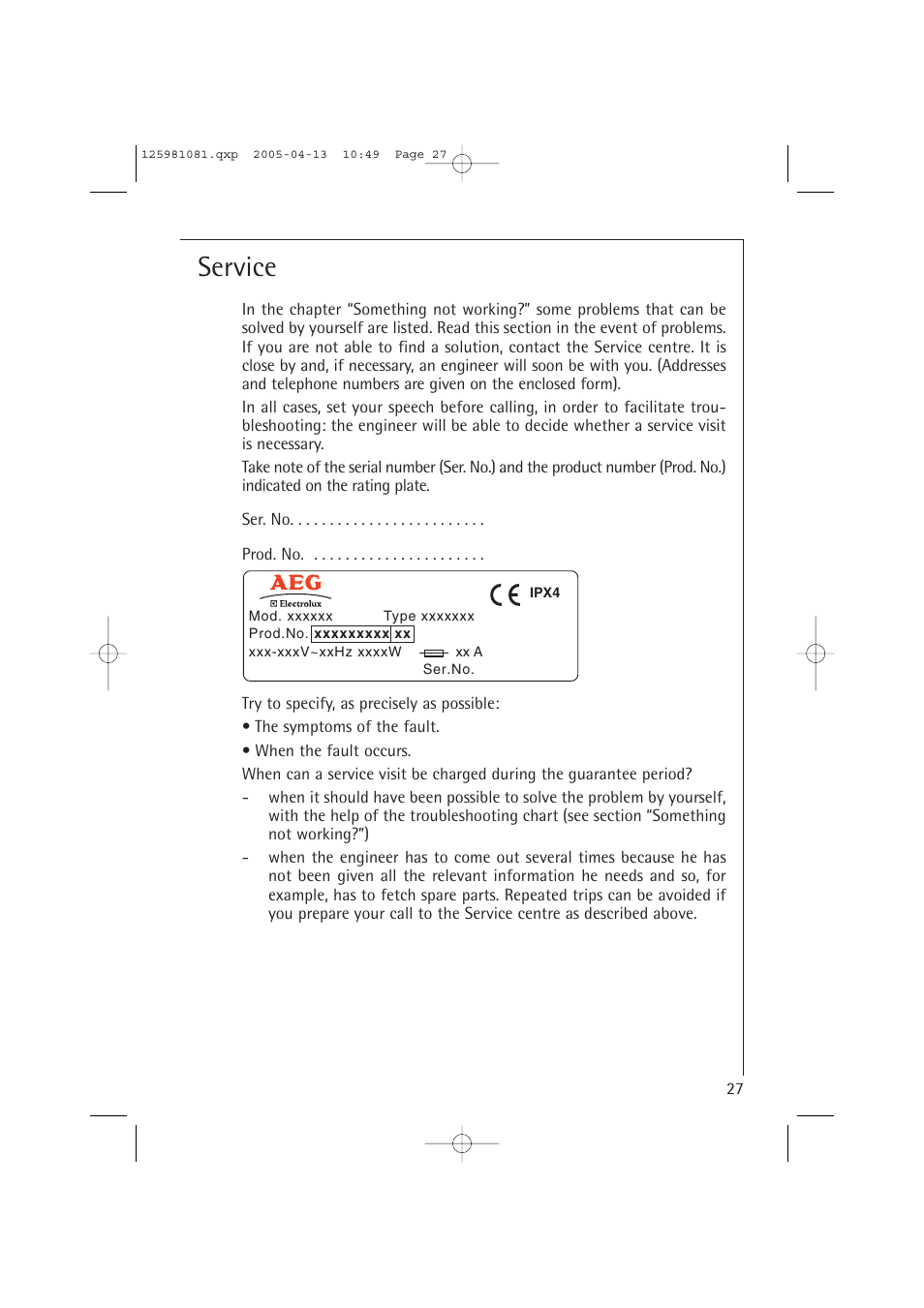 Service | AEG LAVATHERM T37400 User Manual | Page 27 / 28