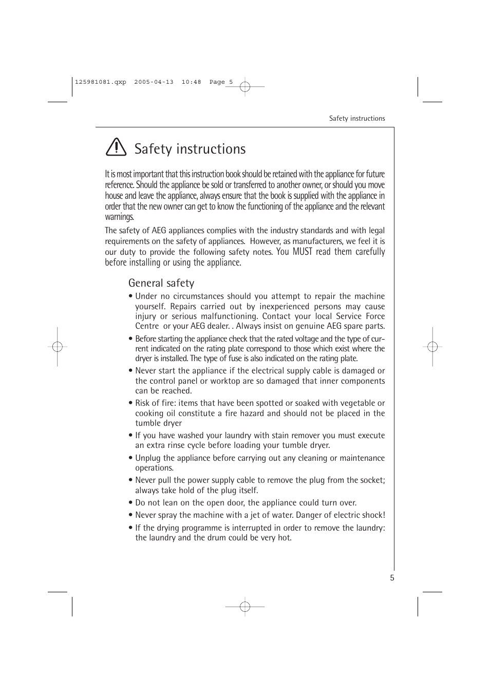 Safety instructions, General safety | AEG LAVATHERM T37400 User Manual | Page 5 / 28