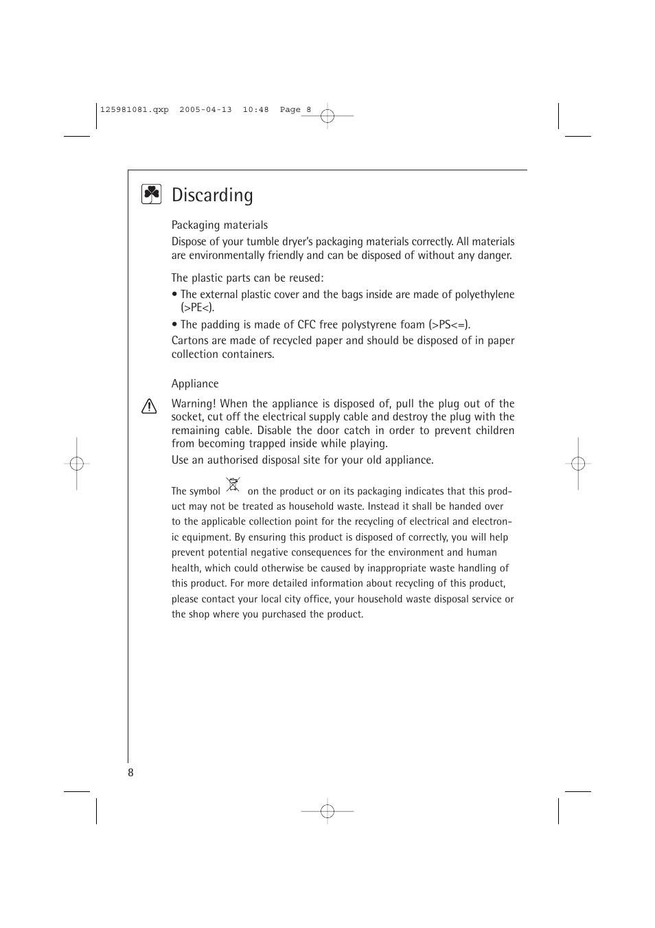 Discarding | AEG LAVATHERM T37400 User Manual | Page 8 / 28