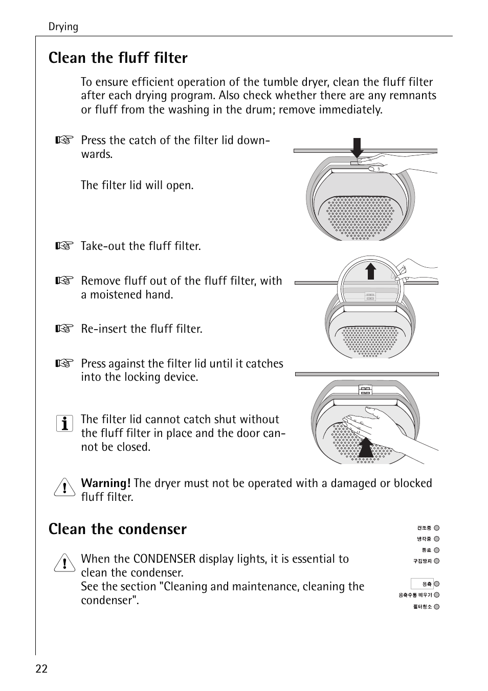 Clean the fluff filter, Clean the condenser | AEG LAVATHERM 57700 User Manual | Page 22 / 40