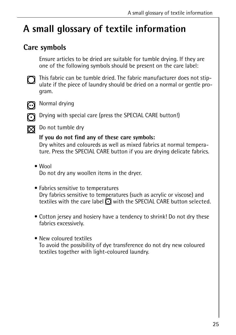 A small glossary of textile information, Care symbols | AEG LAVATHERM 57700 User Manual | Page 25 / 40