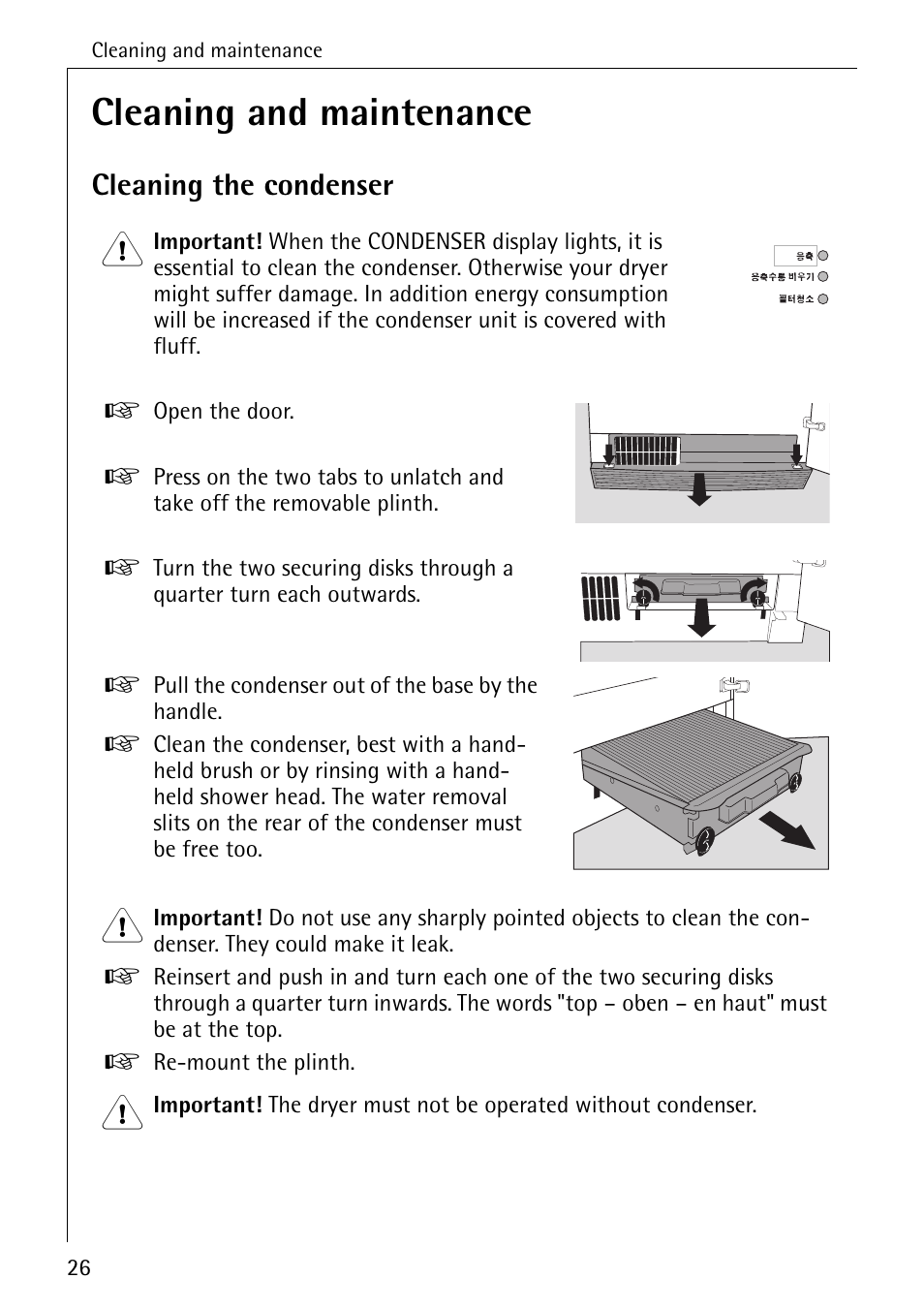 Cleaning and maintenance, Cleaning the condenser | AEG LAVATHERM 57700 User Manual | Page 26 / 40