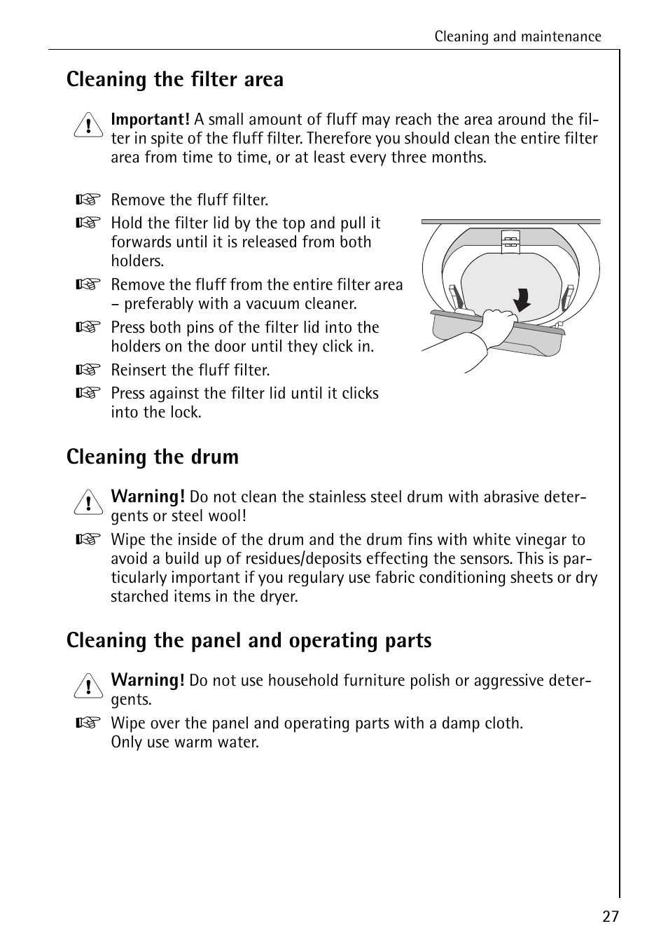 Cleaning the filter area, Cleaning the drum, Cleaning the panel and operating parts | AEG LAVATHERM 57700 User Manual | Page 27 / 40