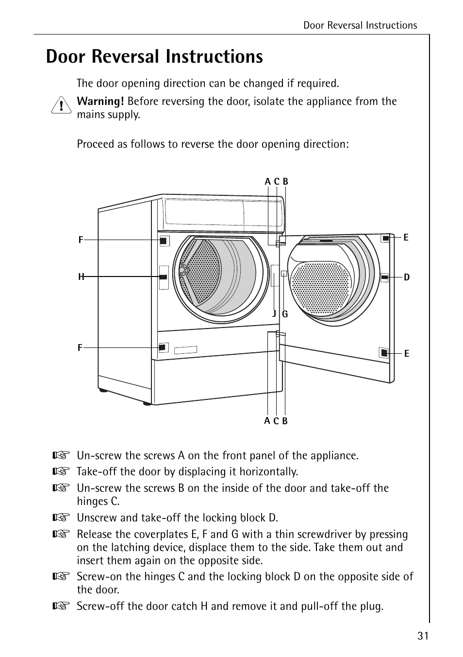 Door reversal instructions | AEG LAVATHERM 57700 User Manual | Page 31 / 40