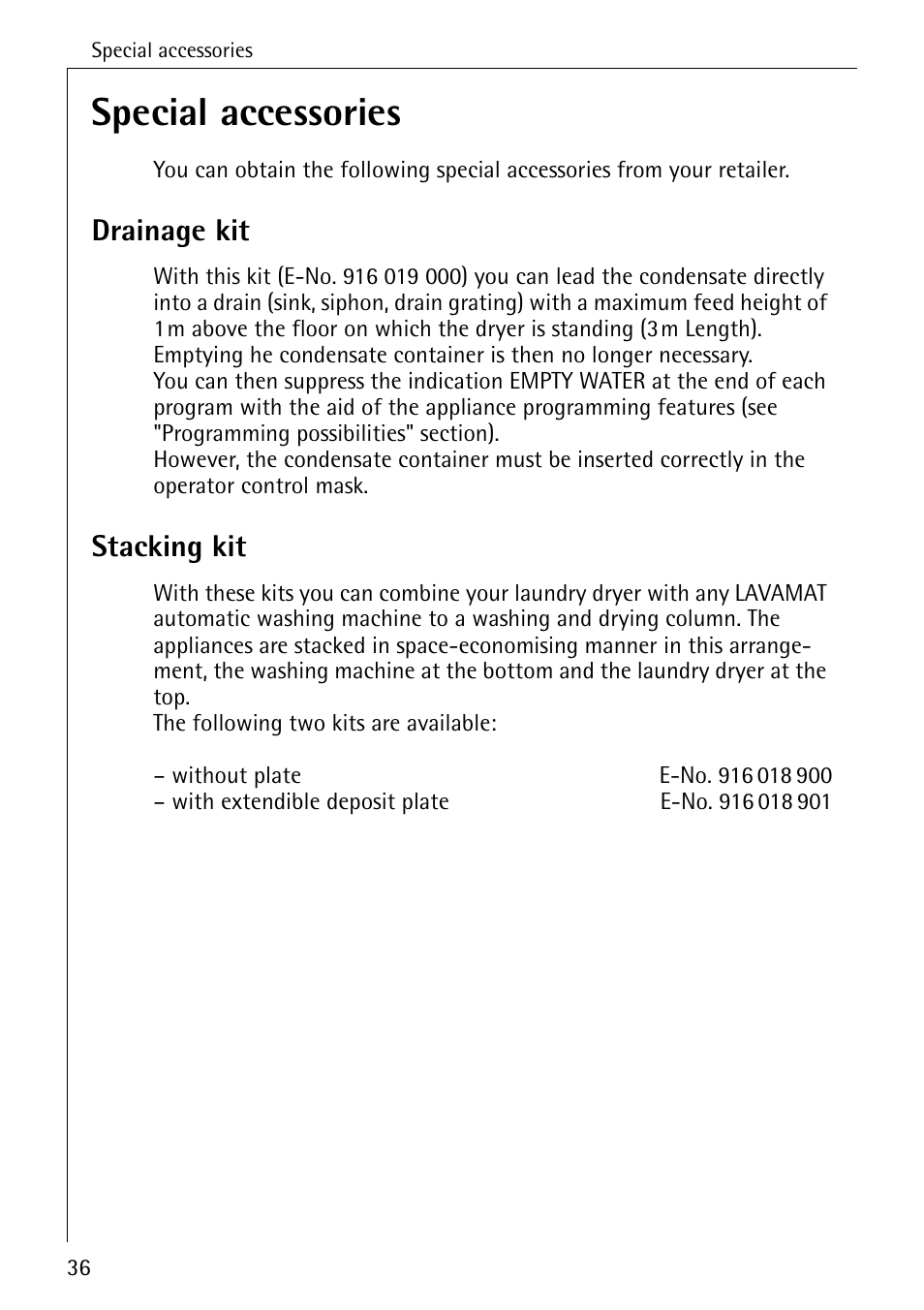Special accessories, Drainage kit, Stacking kit | AEG LAVATHERM 57700 User Manual | Page 36 / 40