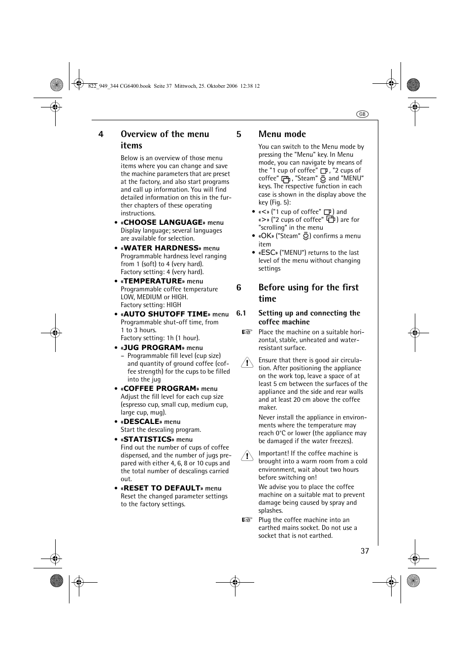 4overview of the menu items, 5menu mode, 6before using for the first time | AEG CG 6400 User Manual | Page 11 / 33