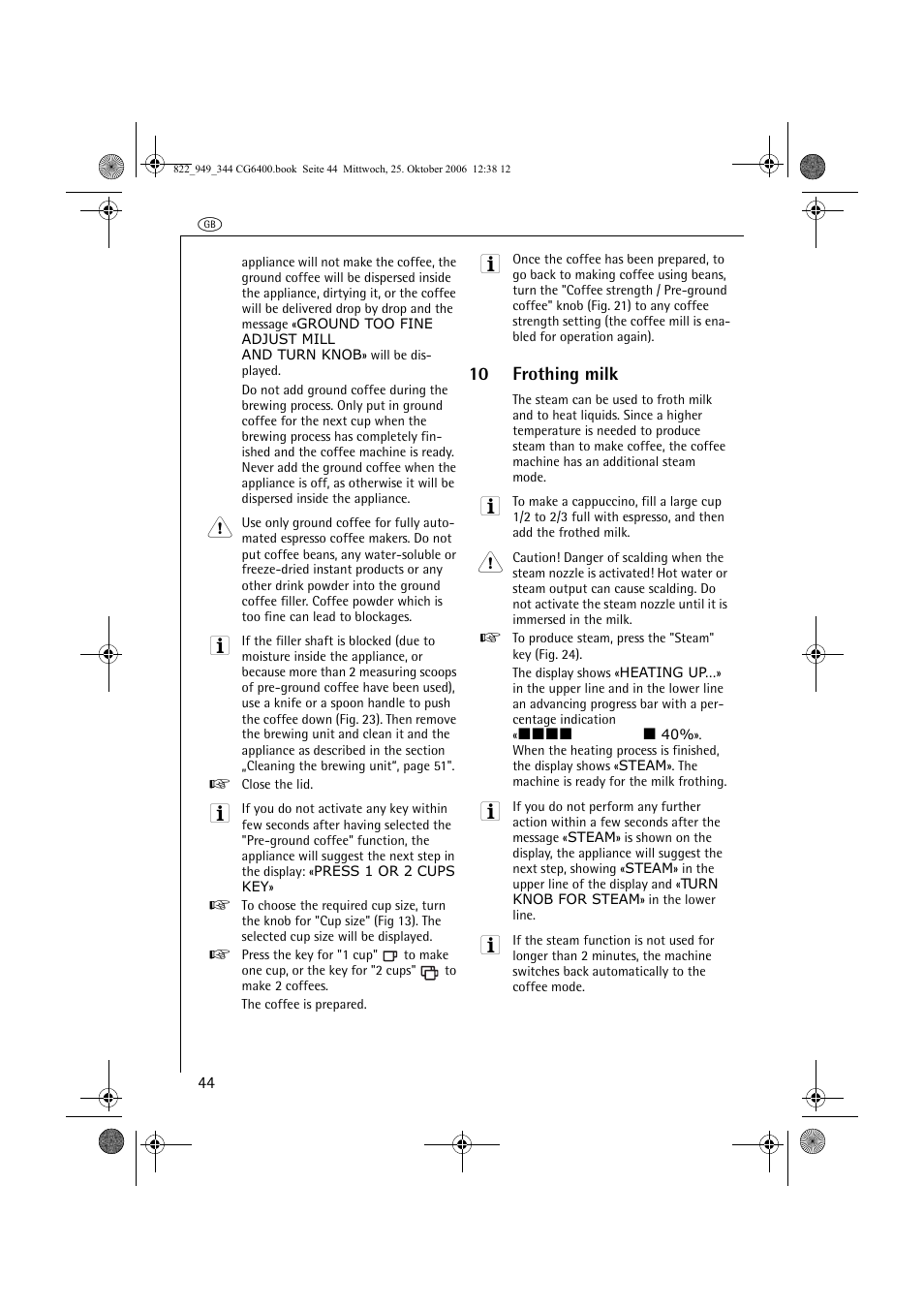 10 frothing milk | AEG CG 6400 User Manual | Page 18 / 33