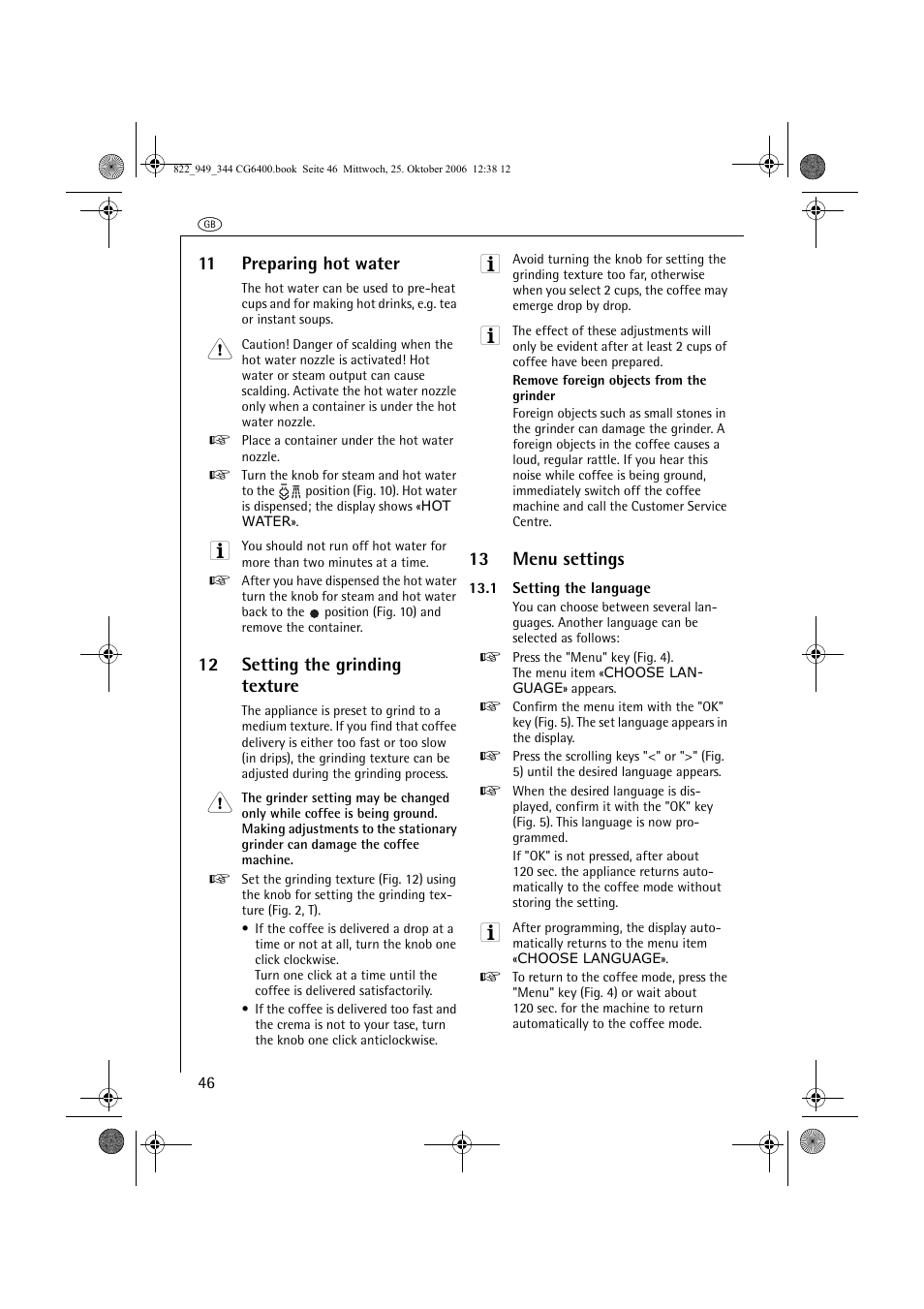 11 preparing hot water, 12 setting the grinding texture, 13 menu settings | AEG CG 6400 User Manual | Page 20 / 33