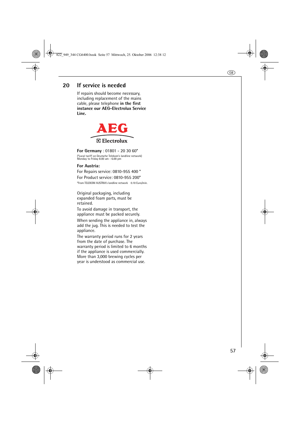 20 if service is needed | AEG CG 6400 User Manual | Page 31 / 33