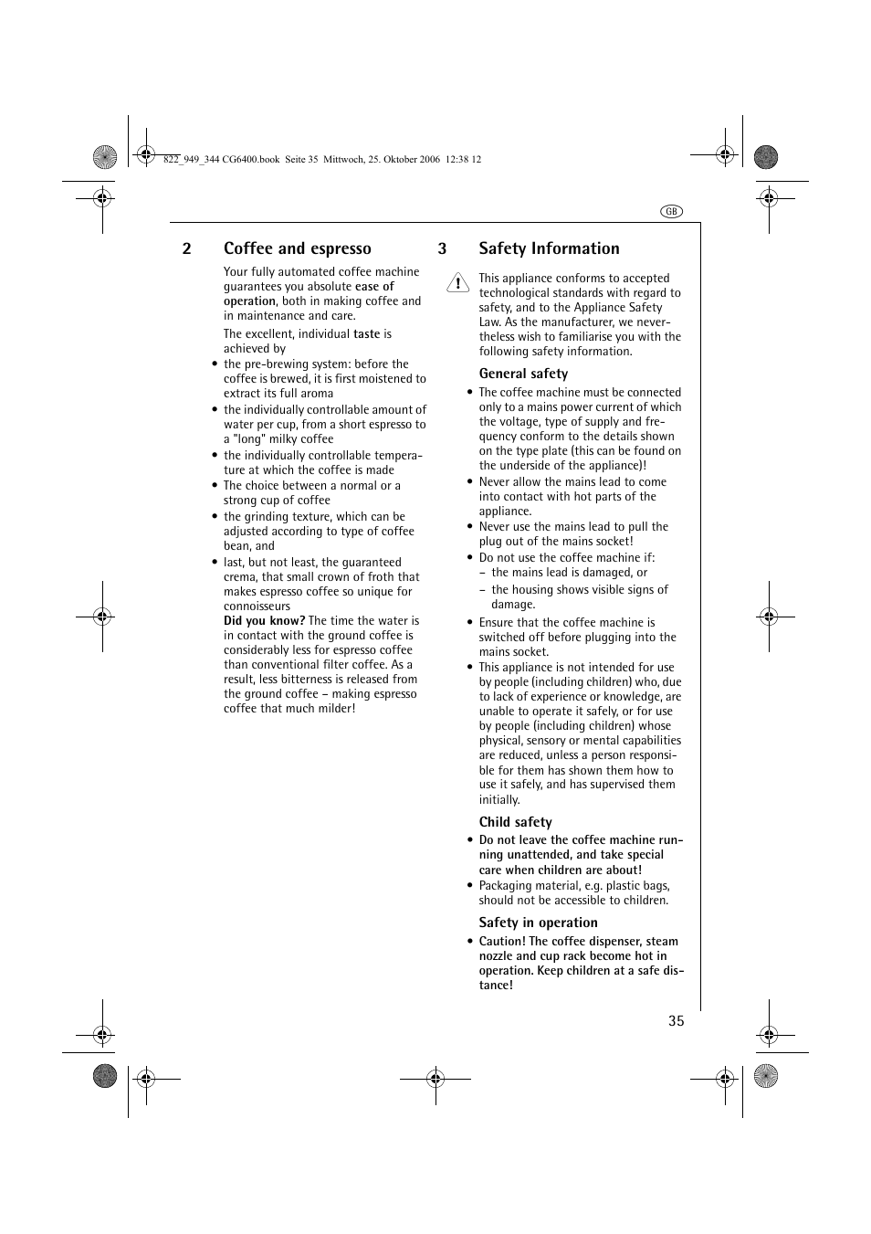 2coffee and espresso, 3safety information 1 | AEG CG 6400 User Manual | Page 9 / 33