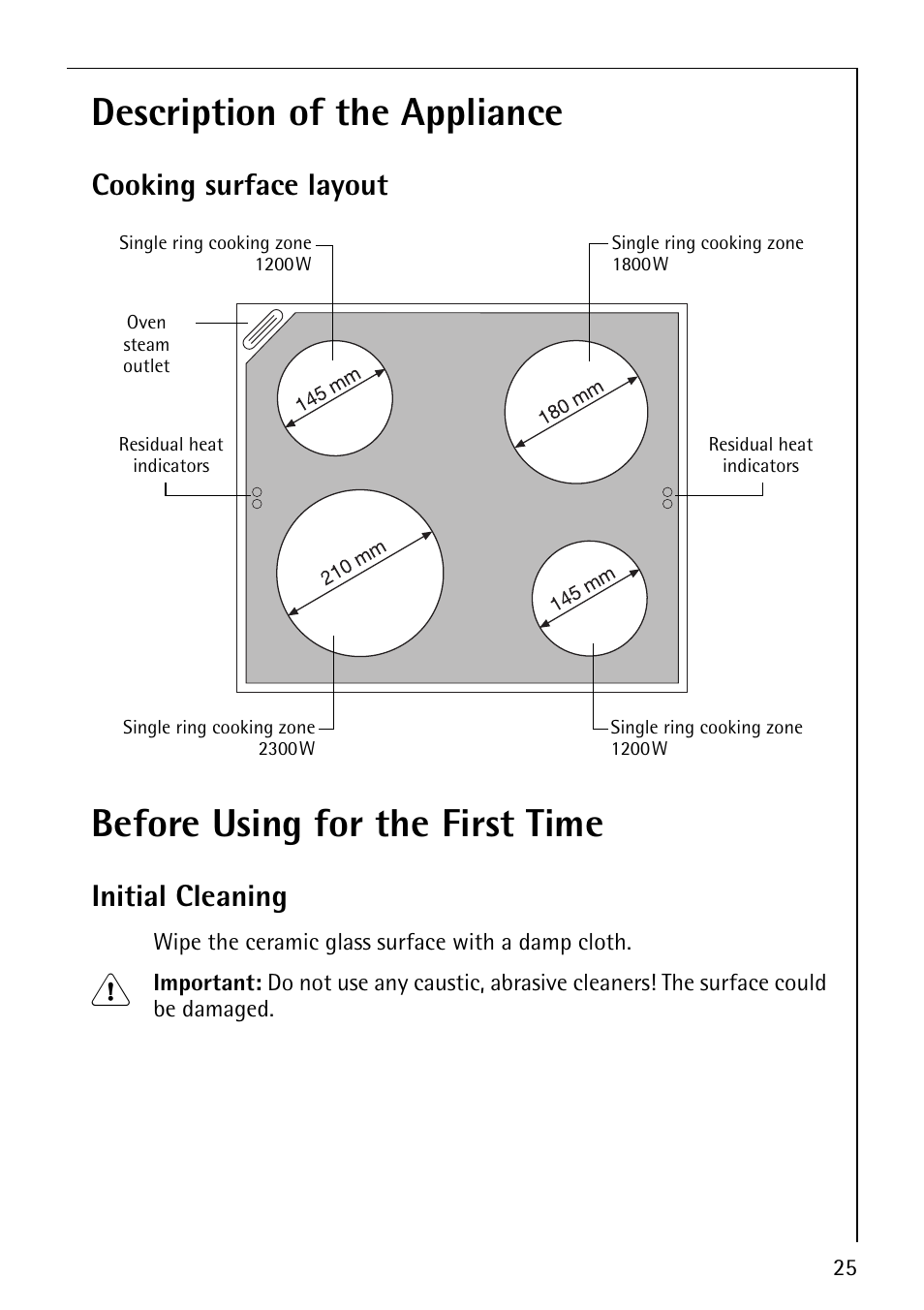 Description of the appliance, Before using for the first time, Cooking surface layout | Initial cleaning | AEG 61000M User Manual | Page 7 / 24