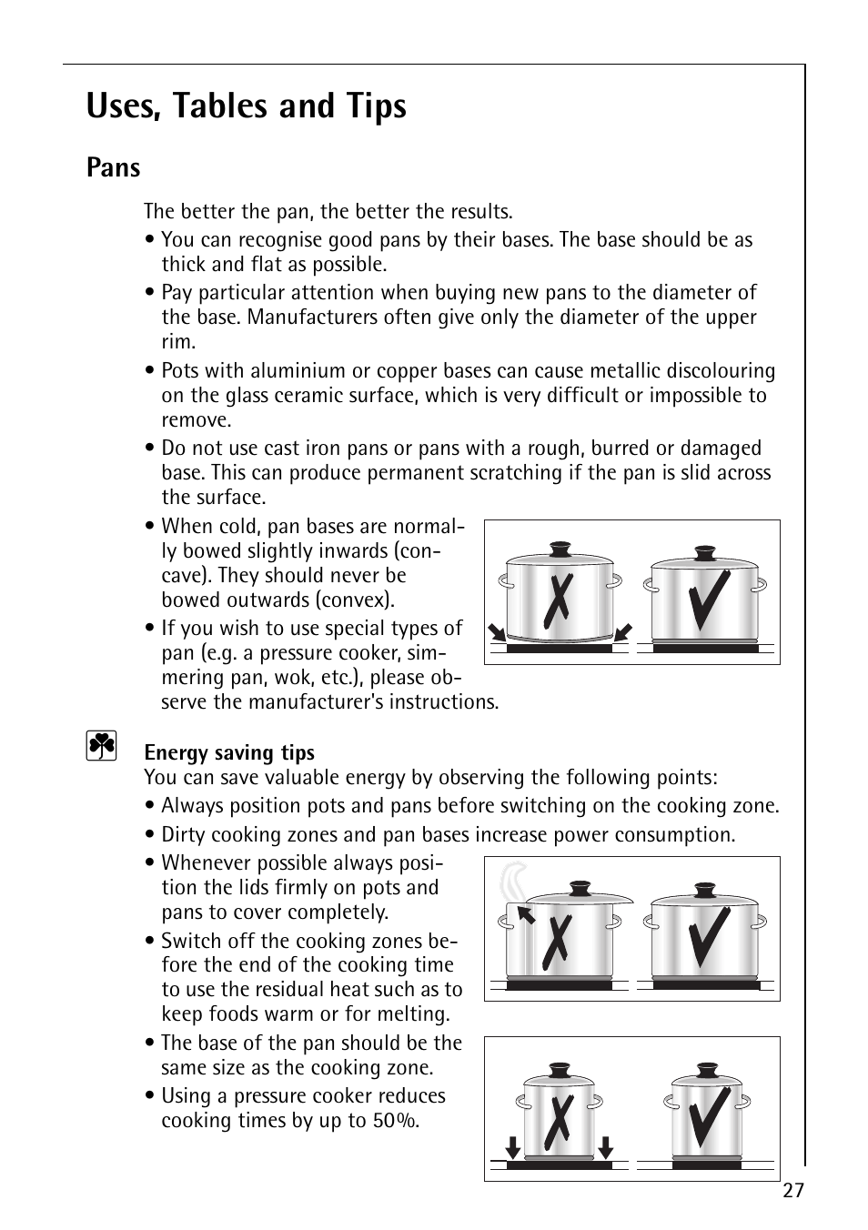 Uses, tables and tips, Pans | AEG 61000M User Manual | Page 9 / 24