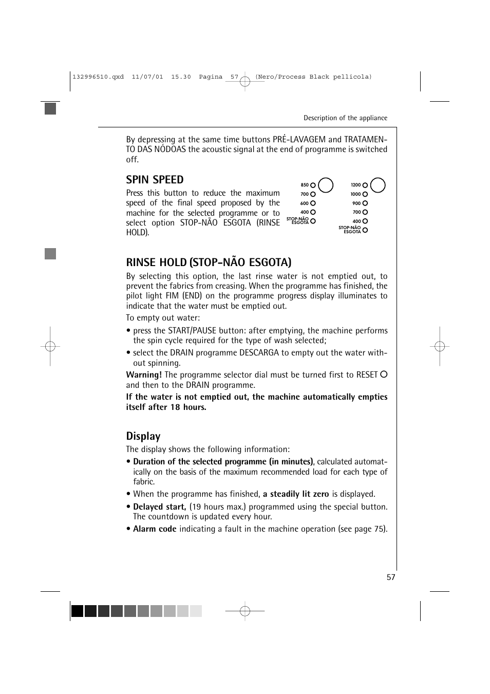 Spin speed, Rinse hold (stop-não esgota), Display | AEG LAVAMAT TRIATHLON 60820 User Manual | Page 13 / 43