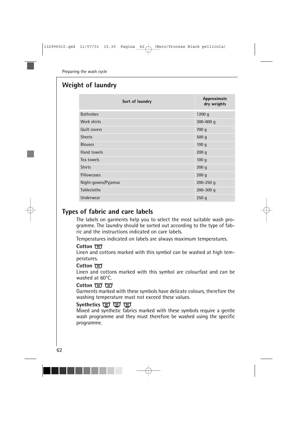 Weight of laundry types of fabric and care labels | AEG LAVAMAT TRIATHLON 60820 User Manual | Page 18 / 43