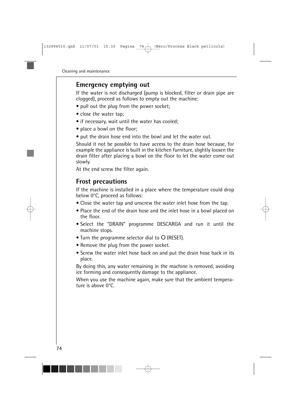 Emergency emptying out, Frost precautions | AEG LAVAMAT TRIATHLON 60820 User Manual | Page 30 / 43