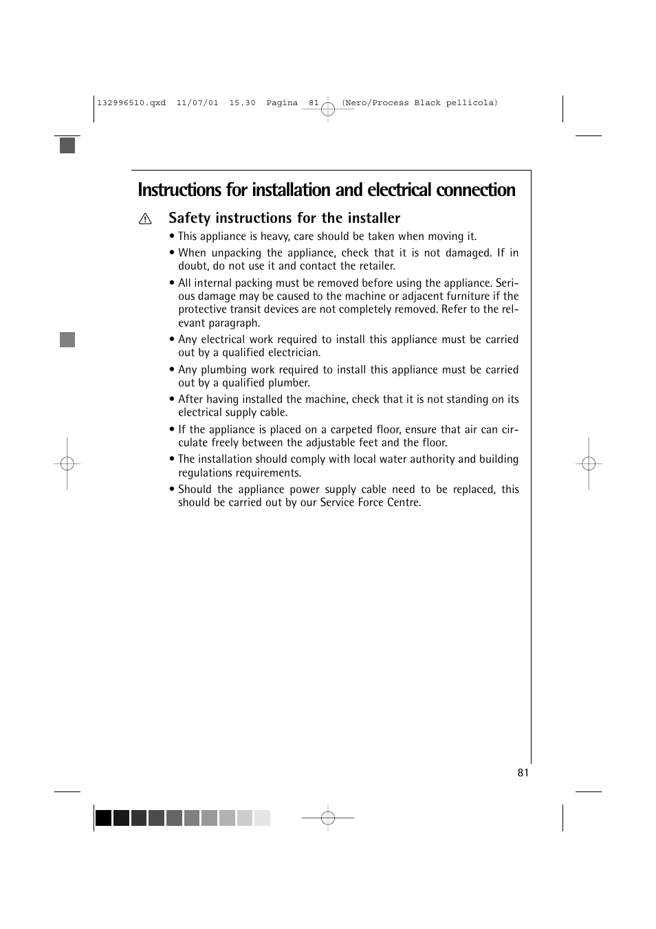 Safety instructions for the installer | AEG LAVAMAT TRIATHLON 60820 User Manual | Page 37 / 43