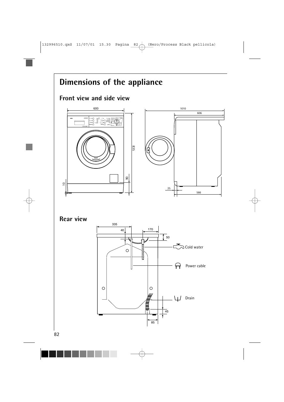 Dimensions of the appliance, Front view and side view rear view | AEG LAVAMAT TRIATHLON 60820 User Manual | Page 38 / 43