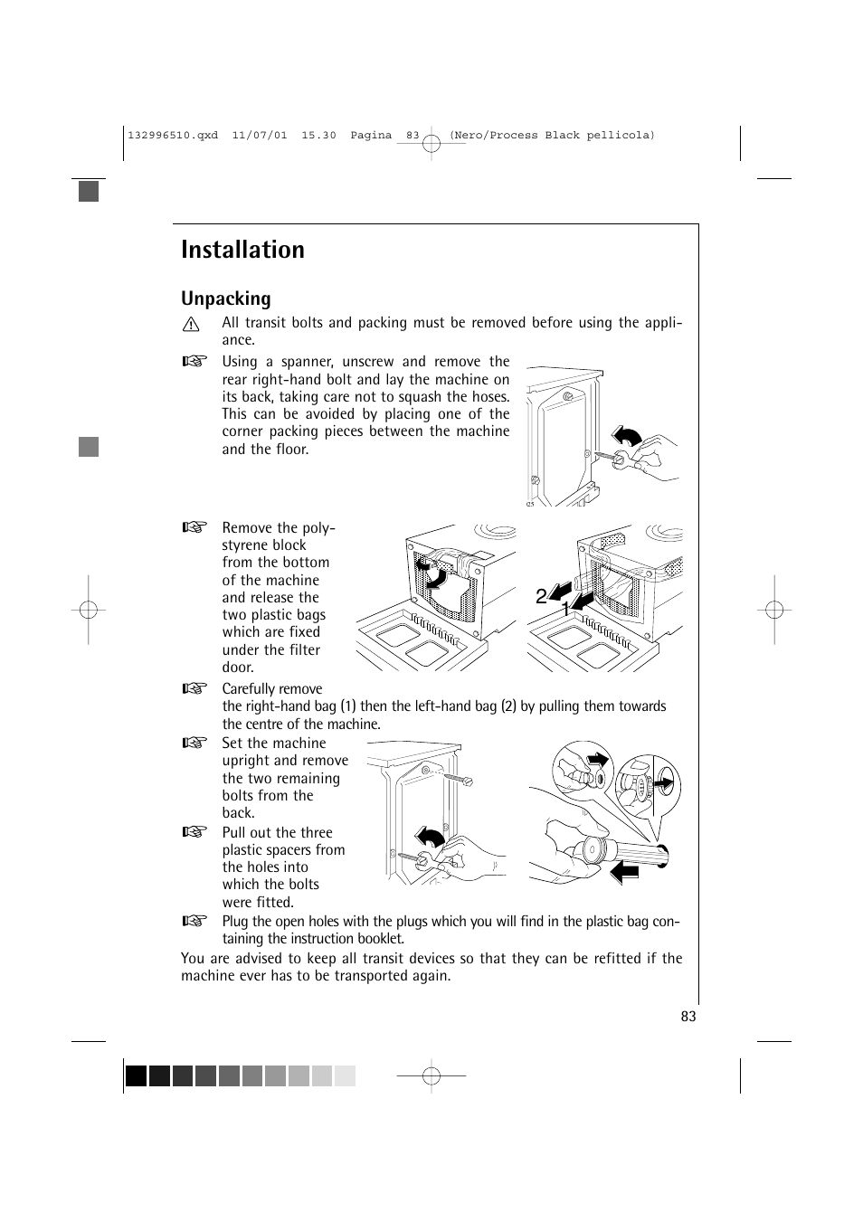 Installation, Unpacking | AEG LAVAMAT TRIATHLON 60820 User Manual | Page 39 / 43