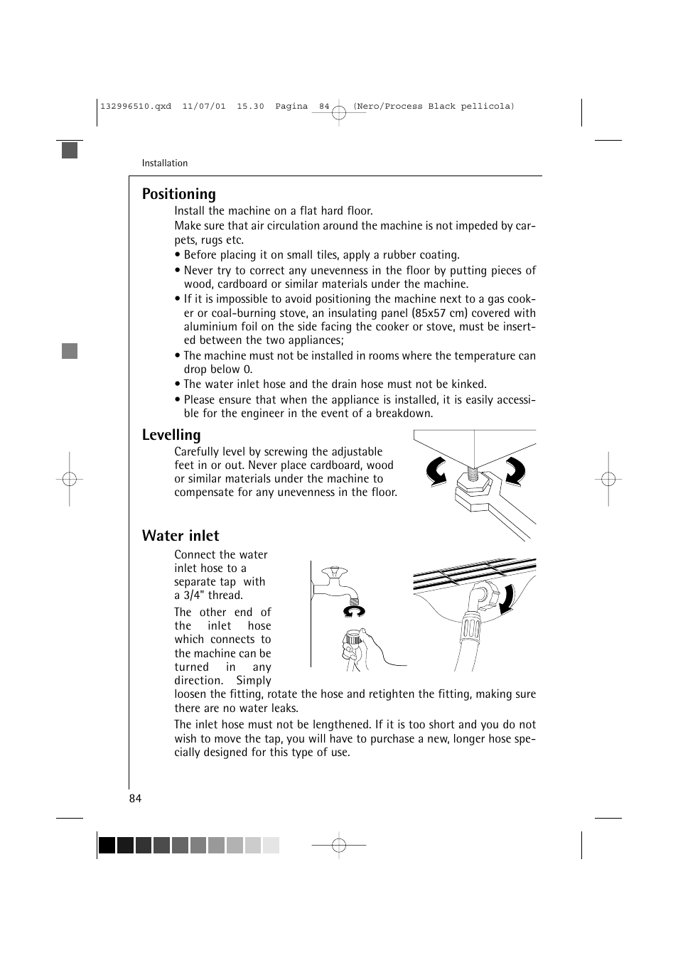 Positioning, Levelling, Water inlet | AEG LAVAMAT TRIATHLON 60820 User Manual | Page 40 / 43