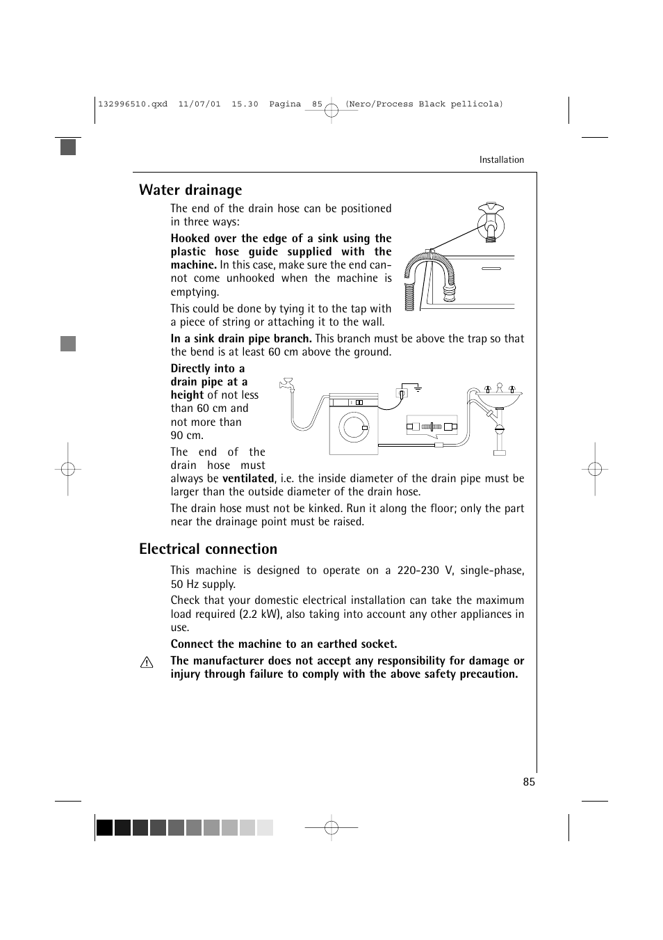 Water drainage, Electrical connection | AEG LAVAMAT TRIATHLON 60820 User Manual | Page 41 / 43