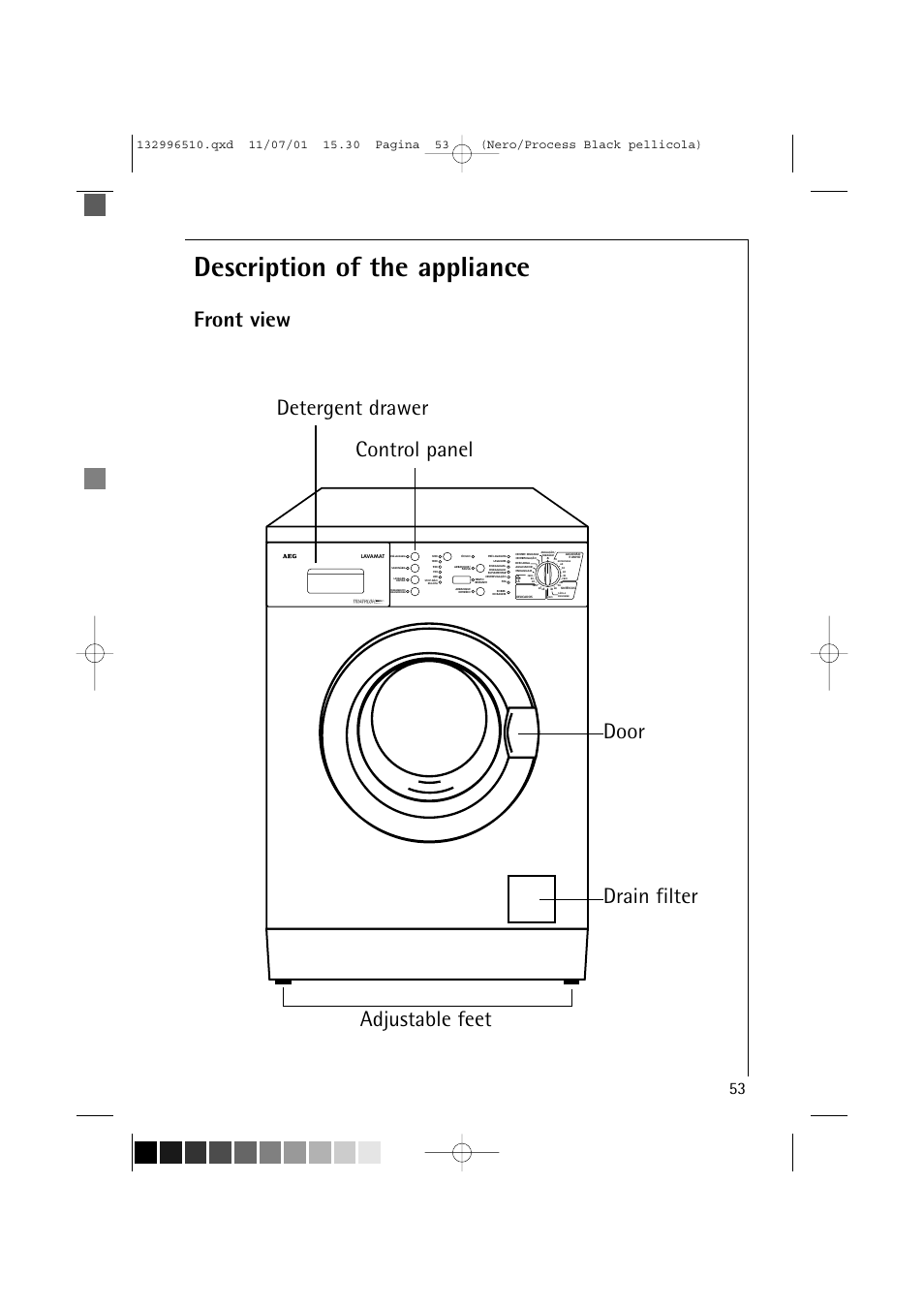 Description of the appliance, Front view | AEG LAVAMAT TRIATHLON 60820 User Manual | Page 9 / 43