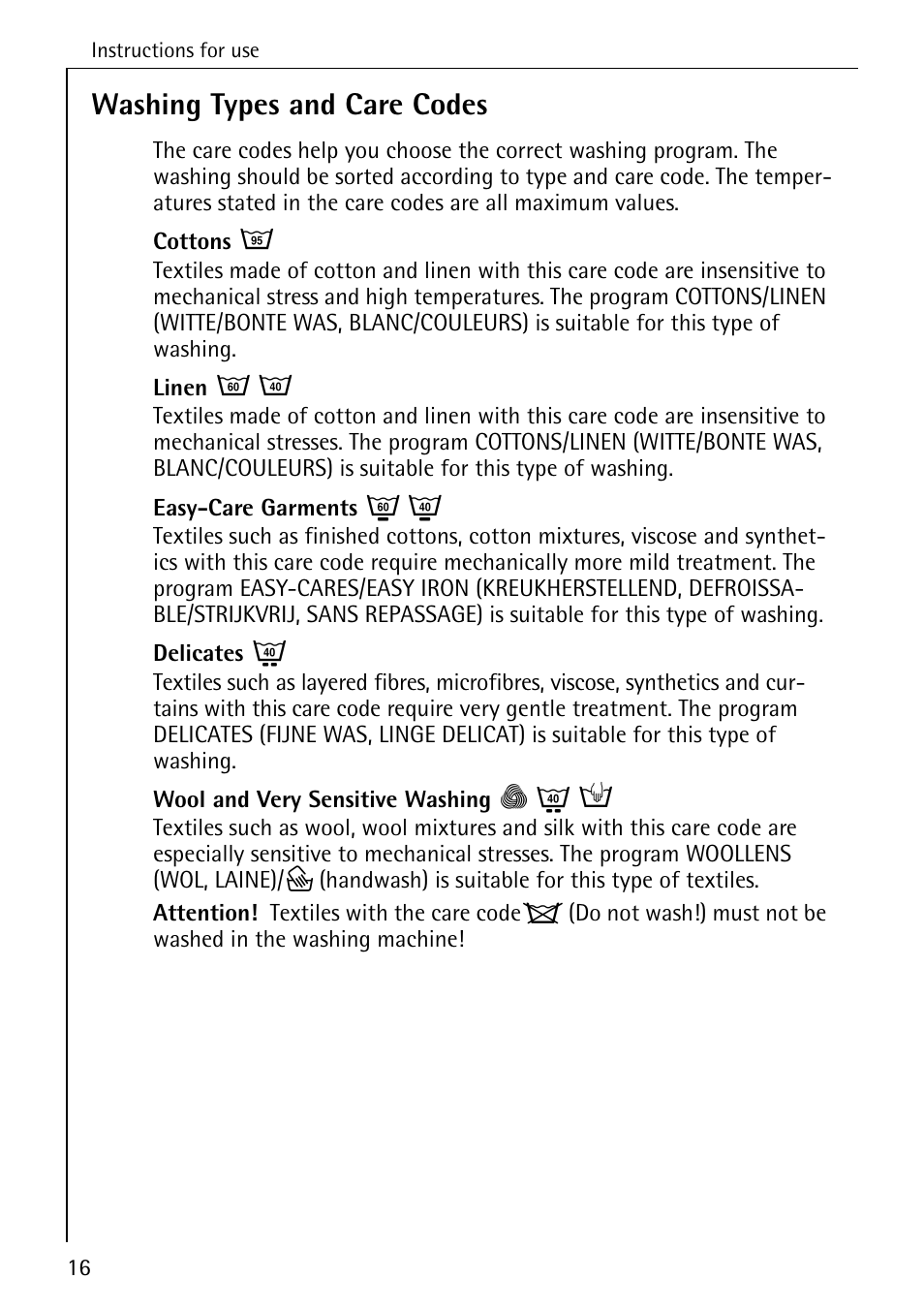 Washing types and care codes | AEG LAVAMAT 72330 User Manual | Page 16 / 52