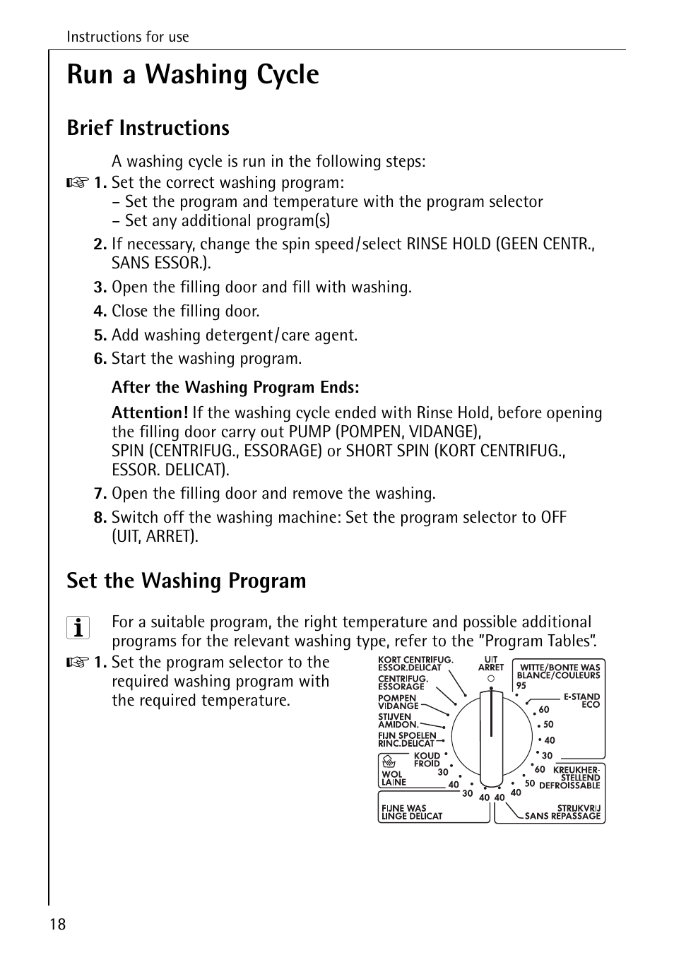 Run a washing cycle, Brief instructions, Set the washing program | AEG LAVAMAT 72330 User Manual | Page 18 / 52