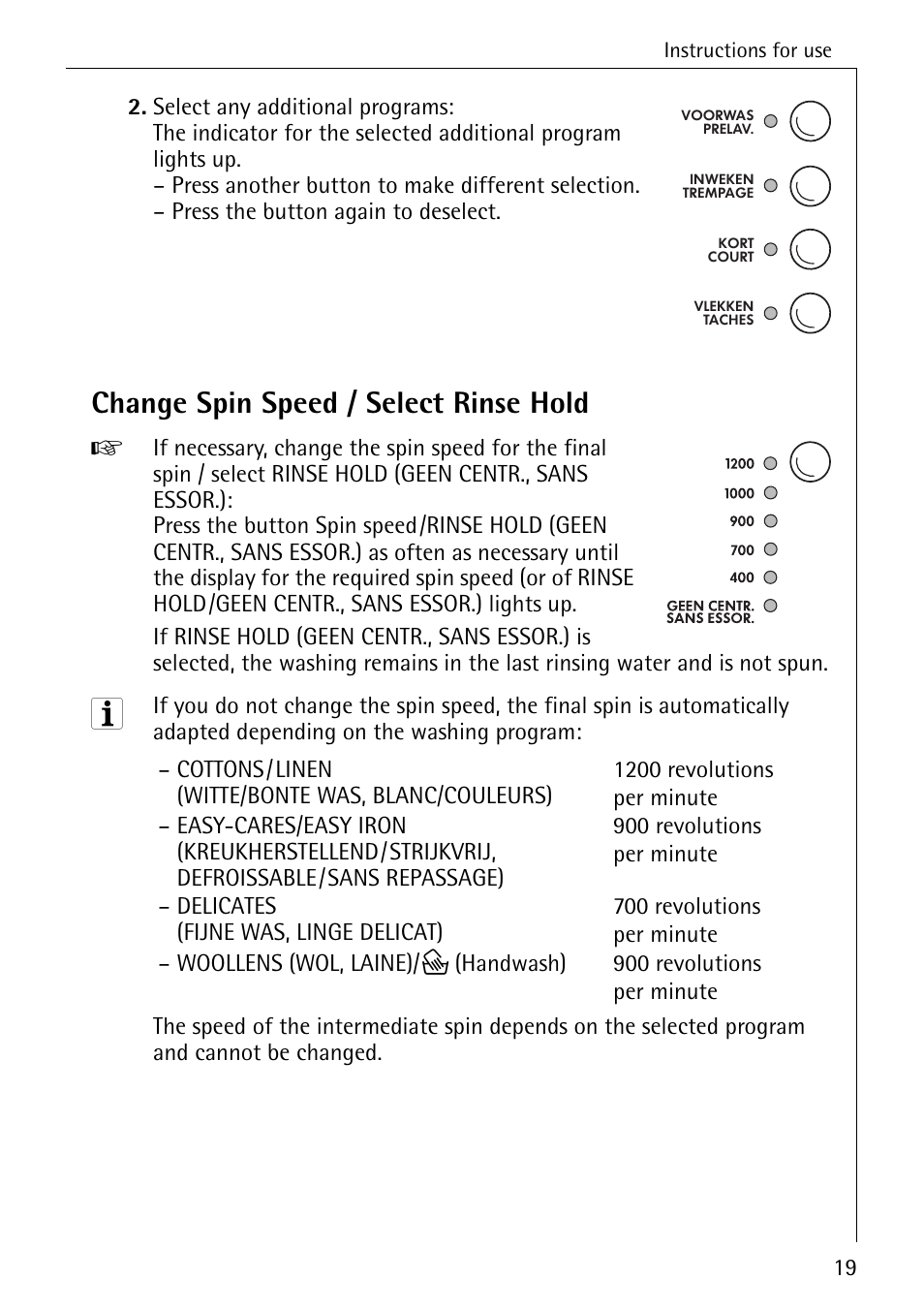 Change spin speed / select rinse hold | AEG LAVAMAT 72330 User Manual | Page 19 / 52